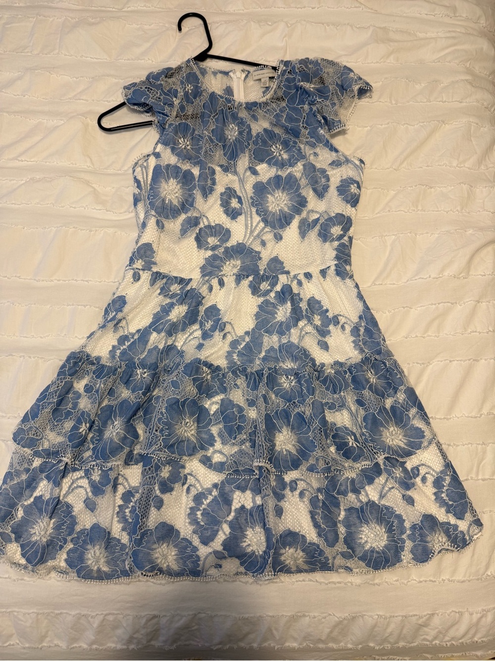 Monique Lhuillier White Dress with Blue Floral Lace Overlay